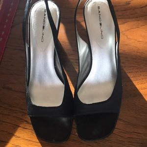 Black Bandolino Sling back Open toed Silk heels